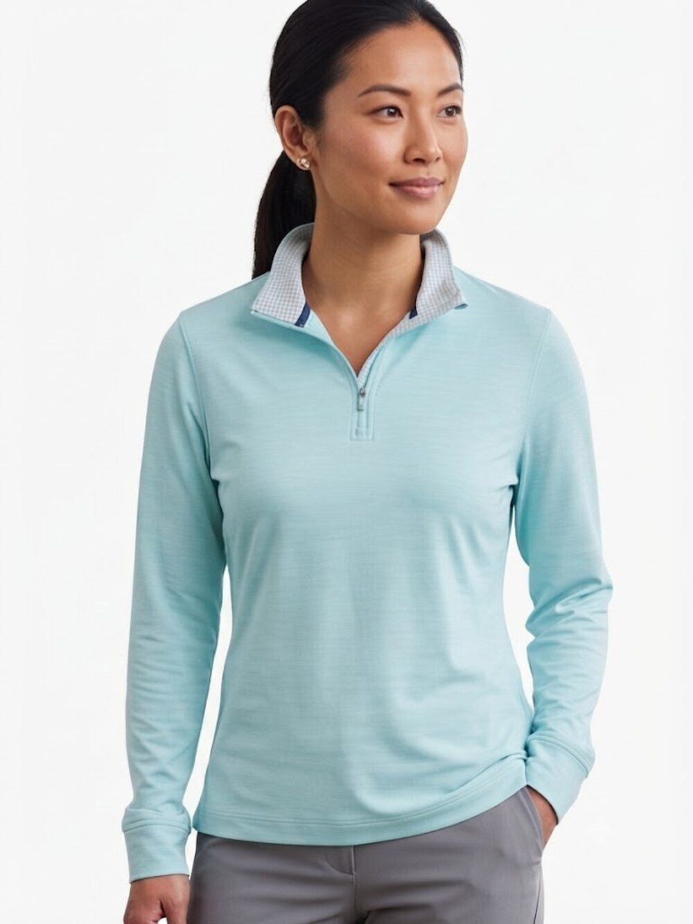 Club Room Women's Performance Quarter Zip Shirt Medium Light Blue Grid